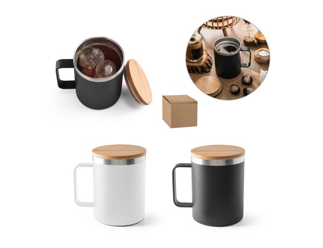 LAUDA. Copo de viagem em aço inox 90% reciclado, térmico com parede dupla isolada a vácuo e tampa em bambu 420 mL