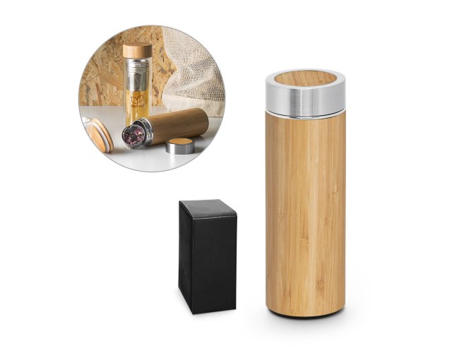 NATUREL. Garrafa em aço inox 90% reciclado e bambu de parede dupla térmica, isolada a vácuo 430 mL